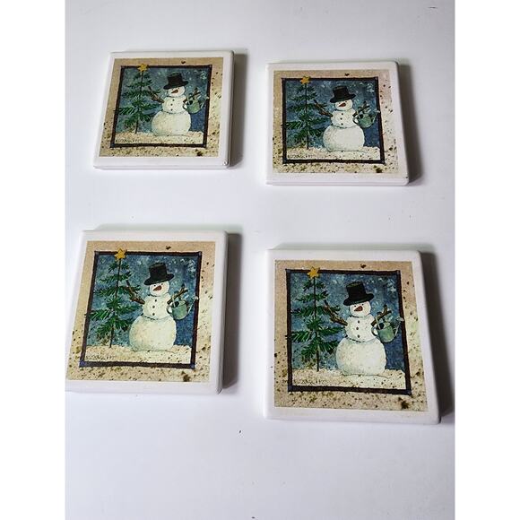 Winter Rustic SNOWMAN Absorbent Coaster Cork Backing Set of 4 with box - Picture 2 of 5